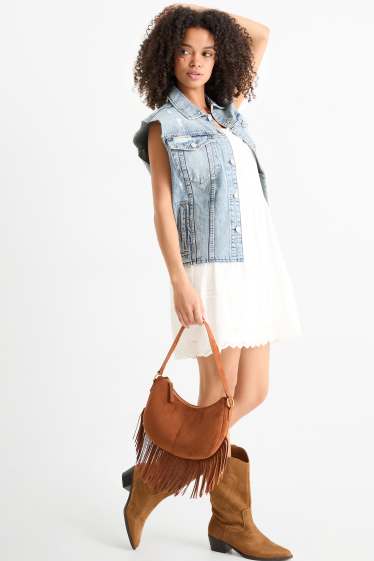 Donna - Borsa a tracolla con frange - similpelle scamosciata - marrone chiaro