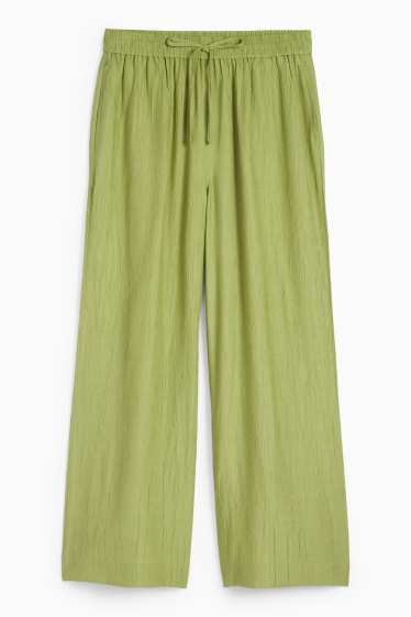 Women - Cloth trousers - high waist - wide leg - textured - green