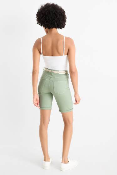 Women - Denim Bermuda shorts with belt - mid-rise waist - green