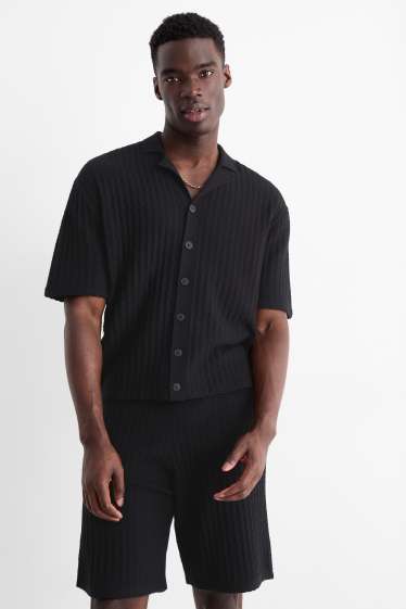 Herren - Strick-Hemd - Relaxed Fit - Reverskragen - strukturiert - schwarz
