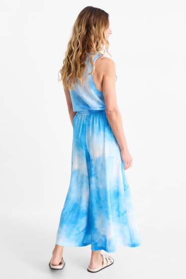 Women - Cloth trousers - high waist - wide leg - patterned - blue