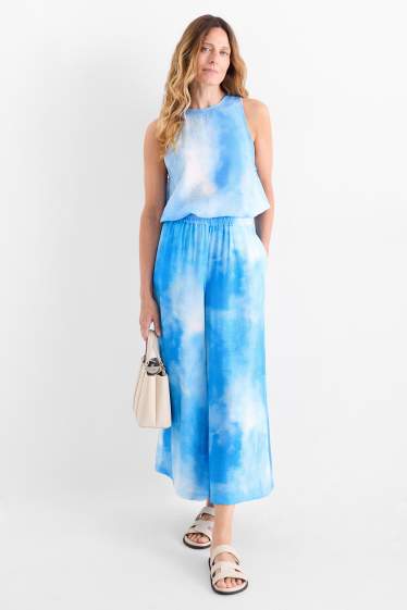 Women - Cloth trousers - high waist - wide leg - patterned - blue