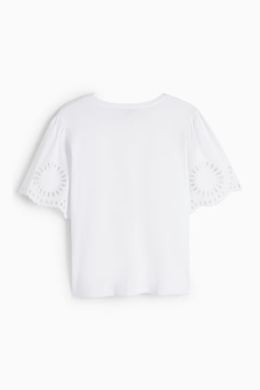 Damen - T-Shirt - Regular Fit - Broderie Anglaise - weiss