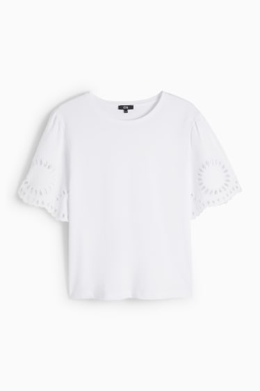 Damen - T-Shirt - Regular Fit - Broderie Anglaise - weiss