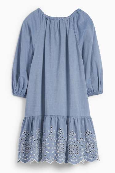 Femei - Rochie în A - broderie englezească - albastru