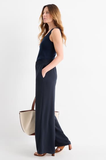 Women - Cloth trousers - high waist - wide leg - dark blue