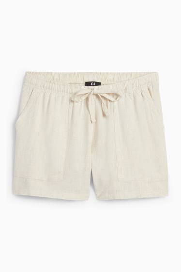 Dames - Korte broek, deels van linnen - mid waist - licht beige