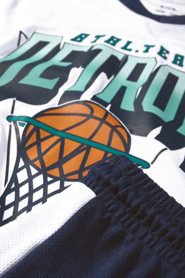 Děti - chlapci - Basketbalový motiv - souprava - tričko s krátkým rukávem a šortky - 2dílná - tmavomodrá/bílá