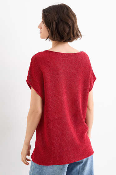 Damen - Strickpullover - kurzarm - dunkelrot