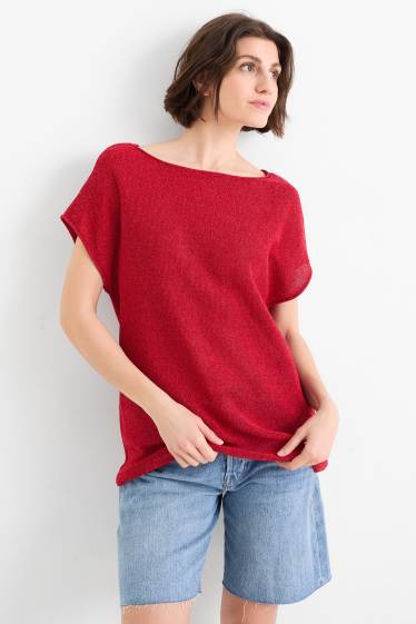 Damen - Strickpullover - kurzarm - dunkelrot