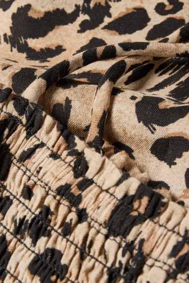 Damen - Fit & Flare Kleid - Leo-Print - gesmokt - schwarz / beige