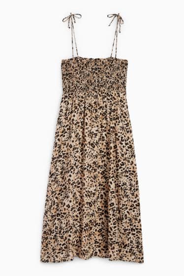 Damen - Fit & Flare Kleid - Leo-Print - gesmokt - schwarz / beige