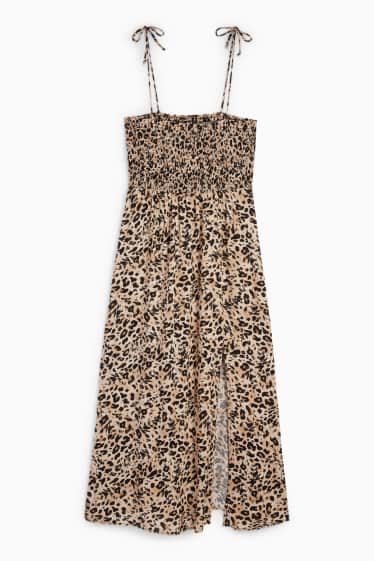 Damen - Fit & Flare Kleid - Leo-Print - gesmokt - schwarz / beige