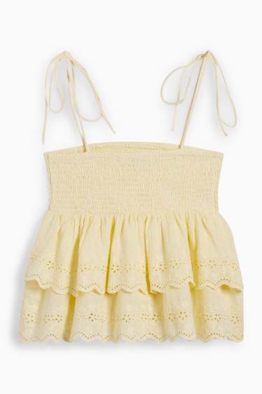 Women - Blouse top - broderie anglaise - smocked - light yellow