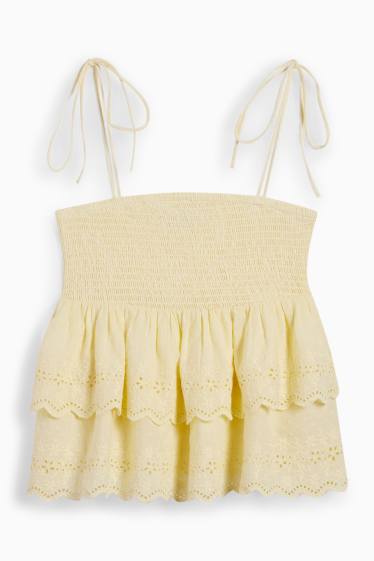 Women - Blouse top - broderie anglaise - smocked - light yellow