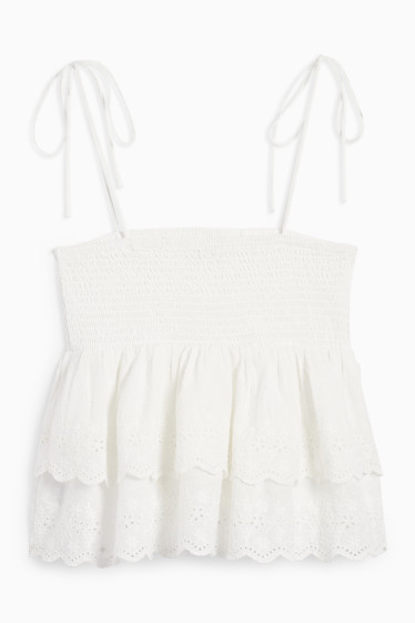 Women - Blouse top - broderie anglaise - smocked - white