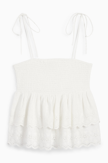 Women - Blouse top - broderie anglaise - smocked - white