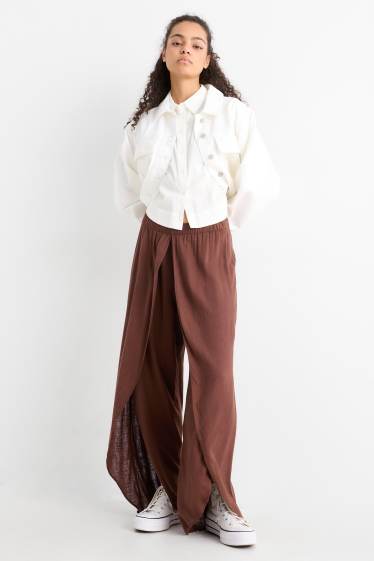 Donna - Pantaloni - vita media - gamba ampia - marrone scuro