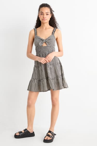 Dámské - Šaty fit & flare s detailem uzlu - kostkované - černá/béžová