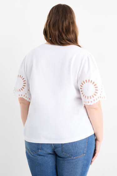 Damen - T-Shirt - Regular Fit - Broderie Anglaise - weiss