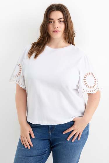 Damen - T-Shirt - Regular Fit - Broderie Anglaise - weiss