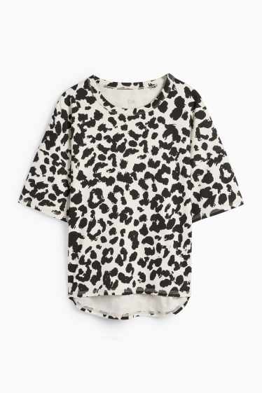 Dámské - Tričko basic - oversized - s leopardím vzorem - černá/béžová