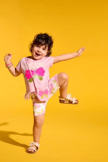 Kinderen: meisjes - Vlinder - set - T-shirt, fietsbroek en tasje - fuchsiarood