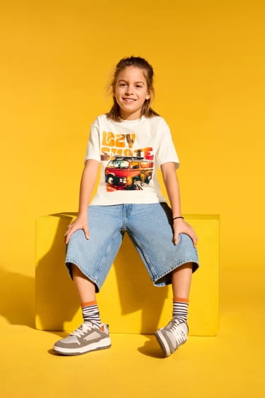 Bambini - Skateboard e autobus - maglia a maniche corte - bianco