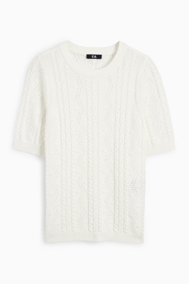 Women - Knitted jumper - short sleeve - cable knit pattern - white