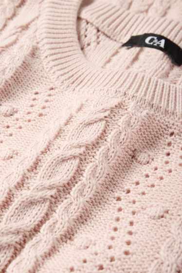 Kobiety - Sweter z dzianiny - z krótkim rękawem - wzór warkocza - jasnoróżowy