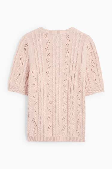Kobiety - Sweter z dzianiny - z krótkim rękawem - wzór warkocza - jasnoróżowy