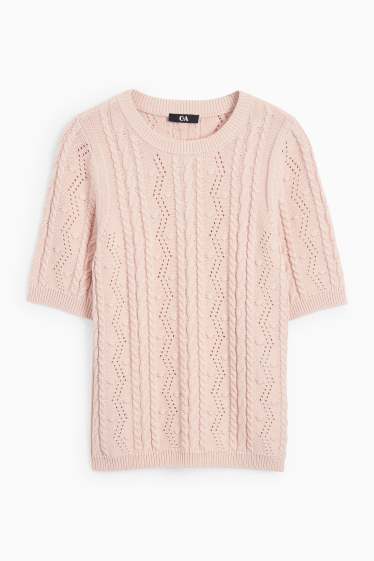 Kobiety - Sweter z dzianiny - z krótkim rękawem - wzór warkocza - jasnoróżowy