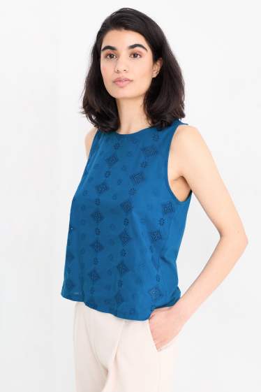 Dames - Blousetop - Broderie Anglaise - petrol