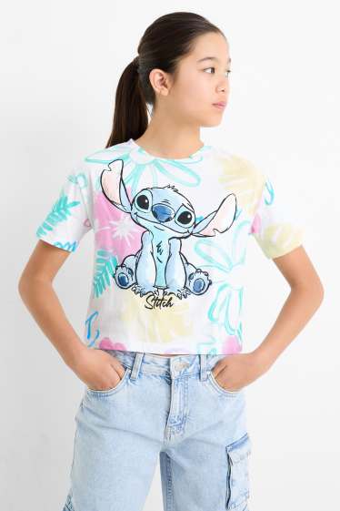 Bambine - Lilo & Stitch - maglia a maniche corte - a fiori - bianco