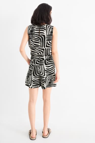 Femmes - Short - mid waist - lin mélangé - à motif - noir / beige