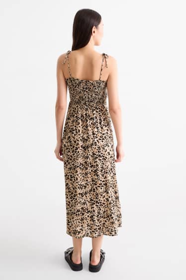 Damen - Fit & Flare Kleid - Leo-Print - gesmokt - schwarz / beige