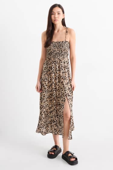 Damen - Fit & Flare Kleid - Leo-Print - gesmokt - schwarz / beige