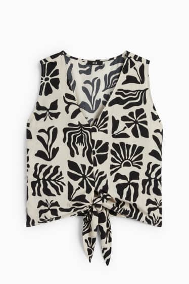 Femmes - Chemisier à col V et nœud - à motif - noir / beige