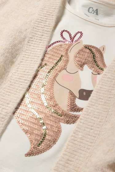 Kinderen: meisjes - Paard - set - longsleeve en gebreid vest - 2-delig - licht beige