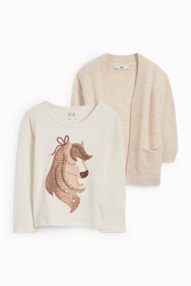Kinderen: meisjes - Paard - set - longsleeve en gebreid vest - 2-delig - licht beige