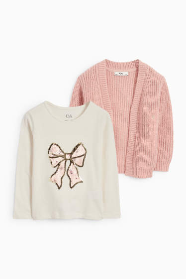 Kinder Mädchen - Schleife - Set - Langarmshirt und Strickjacke - 2 teilig - dunkelrosa