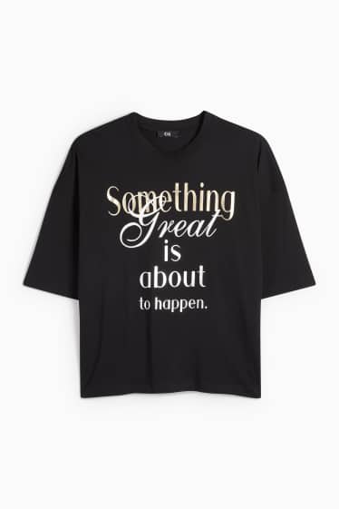 Dámské - Tričko - oversized - s lesklou aplikací - černá