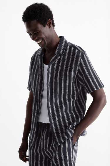 Men - Shirt - regular fit - lapel collar - striped - textured - dark blue