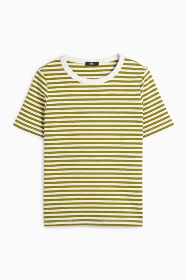 Dámské - Tričko basic - regular fit - pruhované - zelená / krémově bílá