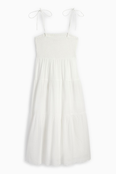 Damen - A-Linien Kleid - Broderie Anglaise - gesmokt - weiss
