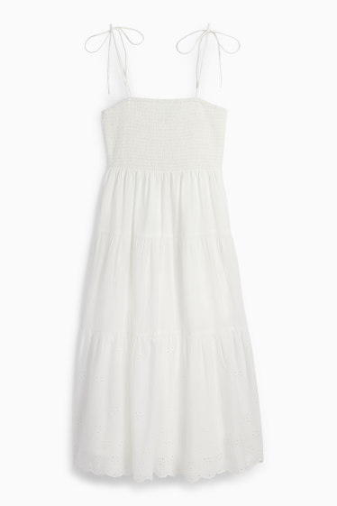 Damen - A-Linien Kleid - Broderie Anglaise - gesmokt - weiss