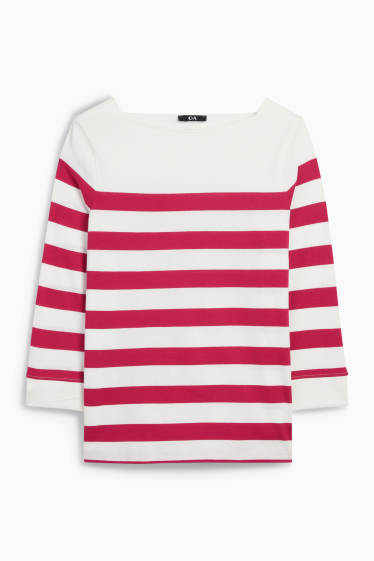 Damen - Basic-Langarmshirt - gestreift - weiß / pink