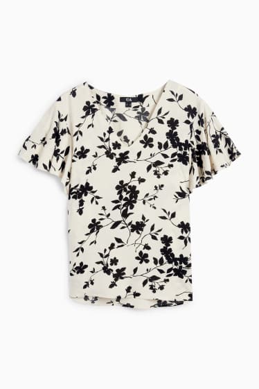 Damen - Bluse mit Volants - geblümt - schwarz / beige