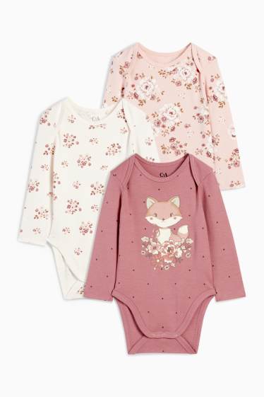 Baby: meisjes - Set van 3 - bloemetjes en vos - rompertje - donker rose