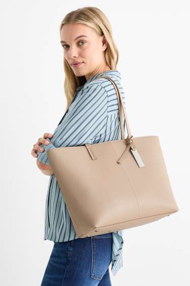 Damen - Großer Shopper - Lederimitat - hellbeige